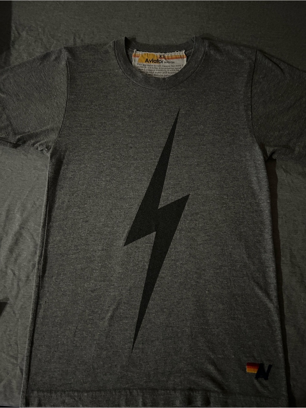 Aviator Nation Gray Crew Tee with Black Lightning Bolt